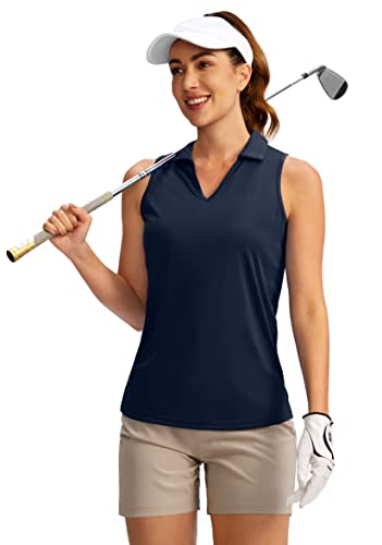 SANTINY Damen Ärmelloses Golf Shirt V-Ausschnitt Tennis Tank Tops Kragen Golf Polo Shirts für Frauen, Marineblau, X-Klein von SANTINY