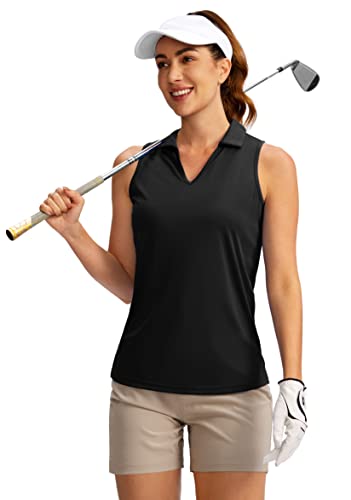 SANTINY Damen Ärmelloses Golfshirt V-Ausschnitt Dry Fit Tennis Tank Tops Kragen Golf Polo Shirts für Frauen, Schwarz, Mittel von SANTINY
