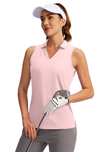 SANTINY Damen Ärmelloses Golfshirt V-Ausschnitt Dry Fit Tennis Tank Tops Kragen Golf Poloshirts für Frauen, Pink, Klein von SANTINY