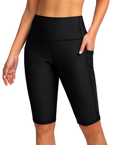 SANTINY Damen Badeshorts mit hoher Taille und Taschen, LSF 50+, lange Board-Badehose für Frauen mit Futter, Schwarz, 4X-Large von SANTINY