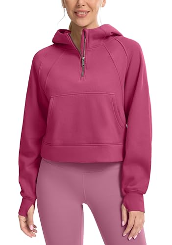 SANTINY Damen Fleece Cropped Hoodie Halber Reißverschluss Gefüttert Pullover Sweatshirt Athletic Workout Hoodies mit Taschen Daumenloch, Rose, S von SANTINY