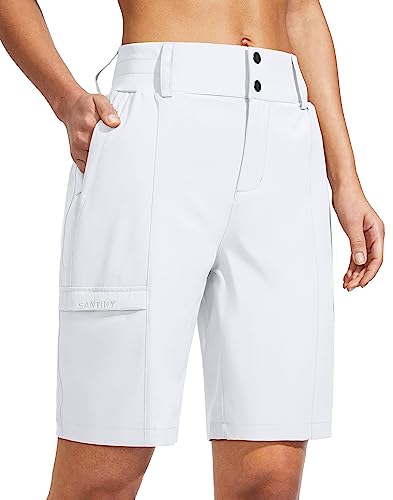 SANTINY Damen-Golf-Wander-Shorts, 22,9 cm, hohe Taille, schnell trocknend, Bermuda, lange Shorts für Damen, mit Reißverschlusstaschen, B Weiß, XX-Large von SANTINY