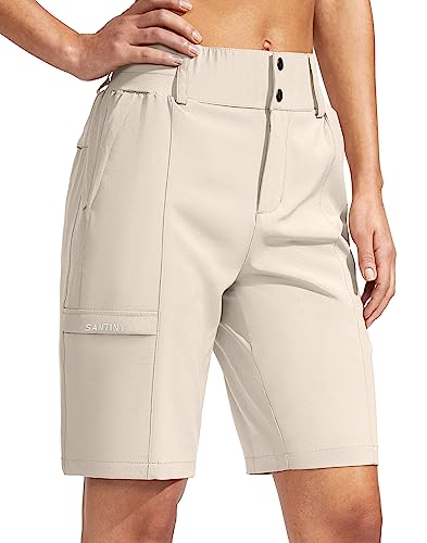 SANTINY Damen-Golf-Wander-Shorts, 22,9 cm, hohe Taille, schnell trocknend, Bermuda, lange Shorts für Damen, mit Reißverschlusstaschen, Beige, Groß von SANTINY