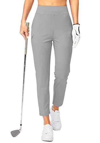 SANTINY Damen-Golfhose mit 3 Reißverschlusstaschen, 7/8-Stretch, hohe Taille, Knöchelhose für Frauen, Reisen, Arbeit, GRAU, Groß von SANTINY