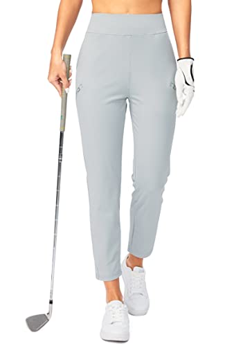 SANTINY Damen-Golfhose mit 3 Reißverschlusstaschen, 7/8 Stretch, hohe Taille, Knöchelhose für Frauen, Reisen, Arbeit, Hellgrau, Groß von SANTINY