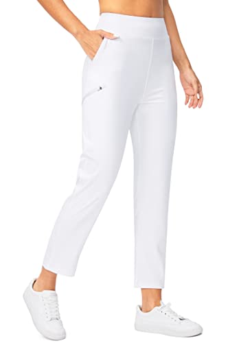 SANTINY Damen-Golfhose mit 3 Reißverschlusstaschen, 7/8-Stretch, hohe Taille, Knöchelhose für Frauen, Reisen, Arbeit, Weiss/opulenter Garten, Groß von SANTINY