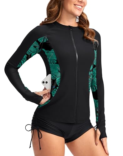 SANTINY Damen Rash Guard Reißverschluss Taschen UPF50+ Sonnenschutz Langarm Badeanzug Top Reißverschluss vorne Schwimmshirt für Frauen, Schwarz # Blatt, XX-Large von SANTINY