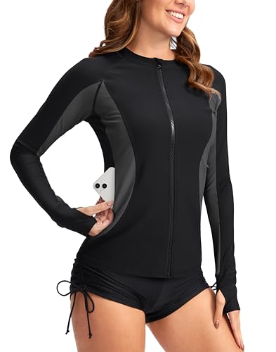 SANTINY Damen Rash Guard Reißverschluss Taschen UPF50+ Sonnenschutz Langarm Badeanzug Top Reißverschluss vorne Schwimmshirt für Frauen, Schwarz # Dunkelgrau, S von SANTINY