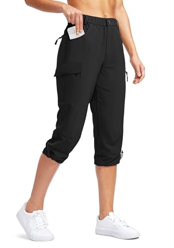 SANTINY Damen Wander-Caprihose mit 5 Taschen, leicht, schnell trocknend, Cargo-Caprihose für Frauen, Reisen, lässiger Sommer, Schwarz, 3X-Groß von SANTINY