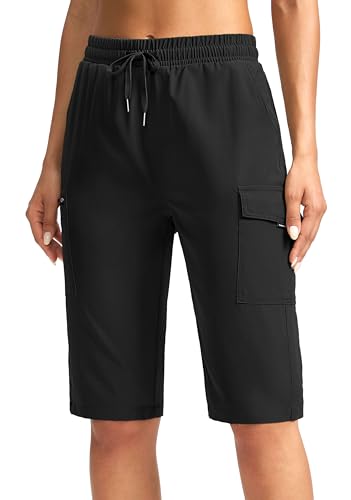 SANTINY Damen-Wandershorts, knielang, schnell trocknend, Cargo-Bermuda-Shorts für Damen, mit Reißverschlusstaschen, 33 cm, Schwarz, Klein von SANTINY