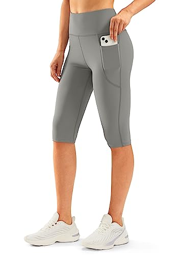 SANTINY Knielange Capri-Leggings für Damen, mit Taschen, hohe Taille, Workout, Yoga, Caprihose für Frauen, Hellgrau, M von SANTINY