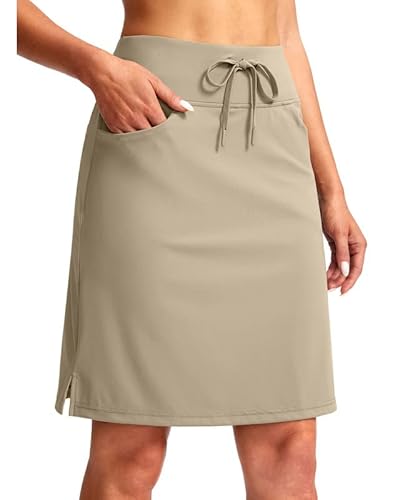 SANTINY Modest Knielange Skorts Röcke für Damen Tennis Athletic Golf Skort mit Taschen UV-Schutz hohe Taille, Dusty Khaki, Groß von SANTINY