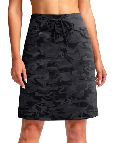 SANTINY Modest Knielange Skorts Röcke für Damen Tennis Athletic Golf Skort mit Taschen UV-Schutz hohe Taille, Grau, Camo, Groß von SANTINY