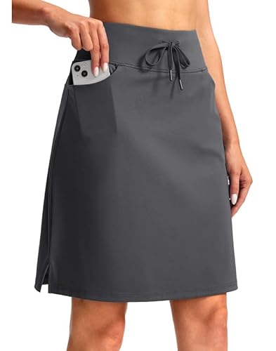 SANTINY Modest Knielange Skorts Röcke für Damen Tennis Athletic Golf Skort mit Taschen UV-Schutz hohe Taille, grau dunkel, Mittel von SANTINY