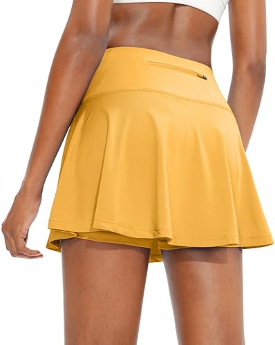 SANTINY Plissierter Tennisrock für Damen mit 4 Taschen Damen Hohe Taille Athletic Golf Skorts Röcke für Laufen Casual, gelb, Klein von SANTINY