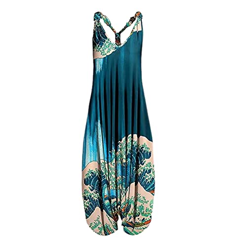 SANTUNK Damen Jumpsuit Sommer Boho Lang Druck Overall Baggy Oversize Playsuit Aladinhose Ärmellos Vintage Sommerhose für Frauen Casual Lose Leichte Einteiler Rompers Sommeroverall Haremshose (N,L,L) von SANTUNK