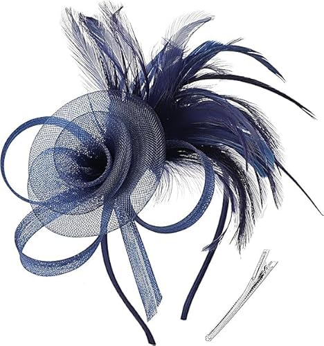 SANTUO Marineblauer Fascinator für Hochzeiten, Damen-Fascinator mit Haarspange, marineblaue Blume, Mini-Zylinderhut für Brautparty, Abschlussball, Cocktailpartys von SANTUO