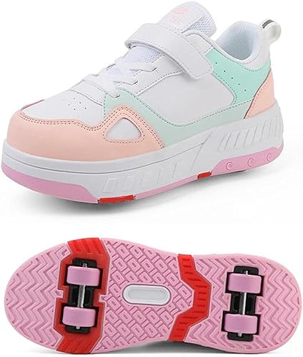 Schuhe Mit Rollen Versenkbarer Technischer Skateboardschuhe Sport Schuhe Kinder Rollschuhe Outdoor Turnschuhe Jungen und Mädchen 4 Rollschuhe,Pink-32 EU von SANTUO