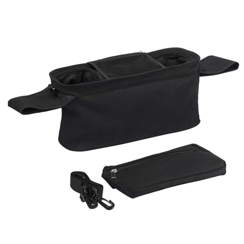 SANWOOD Universeller Kinderwagen-Organizer, multifunktionale Oxford-Tuch-Kinderwagen-Hängetasche mit isoliertem Getränkehalter und abnehmbarer Handytasche mit Reißverschluss, Schwarz , 33*10*16cm, von SANWOOD