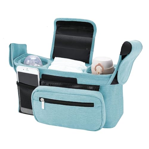 SANWOOD Universeller Kinderwagen-Organizer, multifunktionale Oxford-Tuch-Kinderwagen-Hängetasche mit isoliertem Getränkehalter und abnehmbarer Handytasche mit Reißverschluss, himmelblau, 33*10*16cm, von SANWOOD