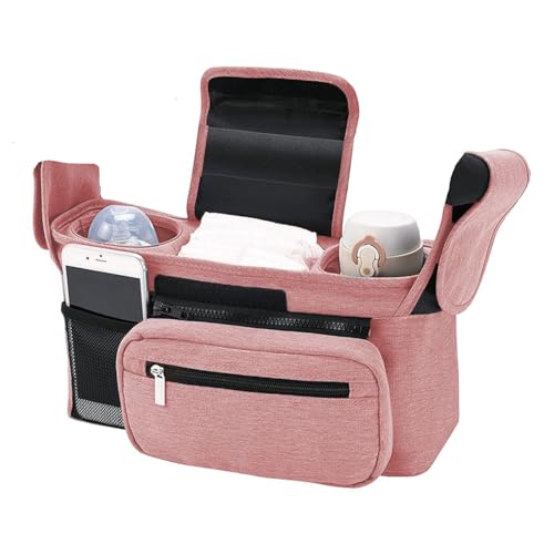 SANWOOD Universeller Kinderwagen-Organizer, multifunktionale Oxford-Tuch-Kinderwagen-Hängetasche mit isoliertem Getränkehalter und abnehmbarer Handytasche mit Reißverschluss, rose, 33*10*16cm, von SANWOOD