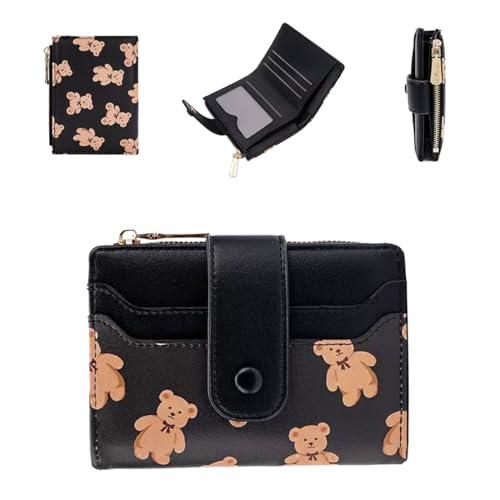 SANYUANHE Schwarzes Wallets,Damen-Geldbörse,Geldbörse Zweifach gefaltetes Portemonnaie mit Reißverschluss, mehrere Kartenfächer, Schwarzes Münzfach aus Leder mit Bärenprint SANYUANHE Schwarzes Wallets,Damen-Geldbörse,Geldbörse Zweifach gefaltetes Portemonnaie mit Reißverschluss, mehrere Kartenfächer, Schwarzes Münzfach aus Leder mit Bärenprint von SANYUANHE