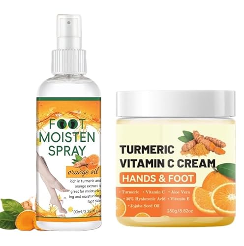 2-teiliges Hand- und Fußcreme + Spary Set, Kurkuma und Vitamin C Feuchtigkeitscreme und Anti-Cracking Feet Spary Travel Kit, Fußbehandlungsspray, beruhigende Formel – entfernt, kontrolliert und von SANZHUAN