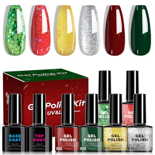 Glitzer- und solider Gel-Nagellack mit Unter- und Überlack, Weihnachtsfarben-Gel-Nagellack-Set, langanhaltendes Hochglanz-Maniküre-Set, Soak-Off-UV-/LED-Geschenkbox für Damen und Mädchen von SANZHUAN