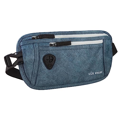 SAO ROQUE ® Bauchtasche Damen Herren (S) Gürteltasche Reise Zubehör Vegan, RFID Blocker, Hüfttasche stylisch, Geldgürtel edle Leder-Optik, flach (Alt-Blau) von SAO ROQUE