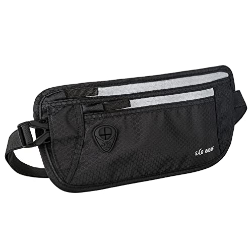 SAO ROQUE ® Bauchtasche Damen Herren (XL) Reisepasshülle Gürteltasche Reise Gadgets mit RFID Blocker, Hüfttasche stylisch, Geldgürtel flach (Schwarz) von SAO ROQUE