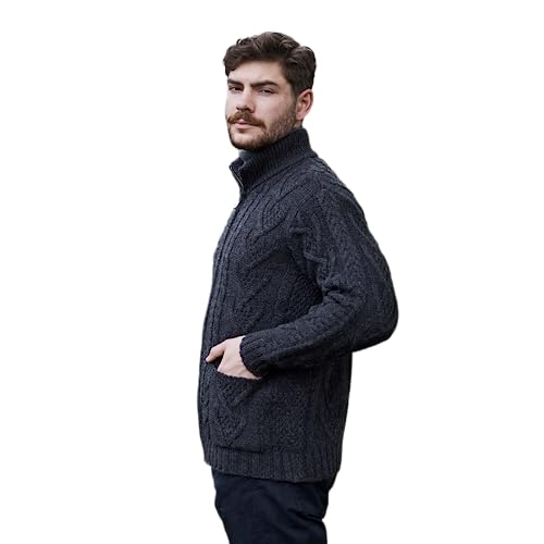 SAOL 100% Irische Merinowolle Herren Reißverschluss Zopfstrick Winter Warm Cardigan Pullover mit Taschen (Anthrazit, L) von SAOL