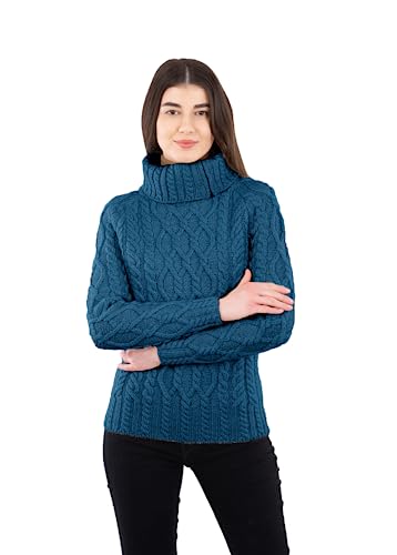SAOL 100% Merinowolle Aran Fisherman Celtic Pullover mit halbem Reißverschluss für Damen, Blaugrün von SAOL