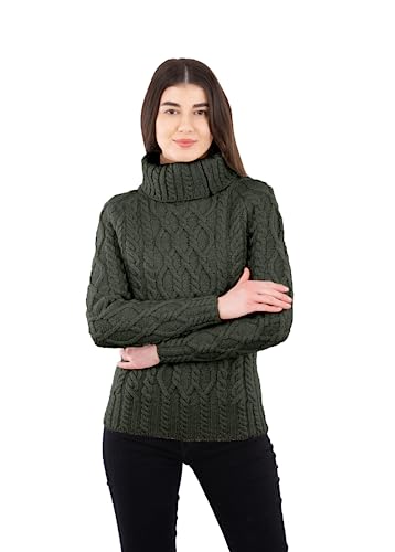 SAOL 100% Merinowolle Aran Fisherman Celtic Pullover mit halbem Reißverschluss für Damen (as3, Alpha, m, Regular, Regular, Armeegrün) von SAOL