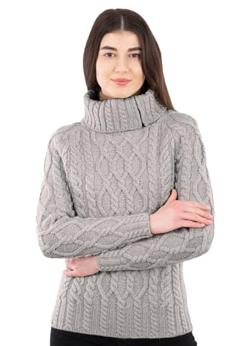 SAOL 100% Merinowolle Aran Fisherman Celtic Pullover mit halbem Reißverschluss für Damen von SAOL