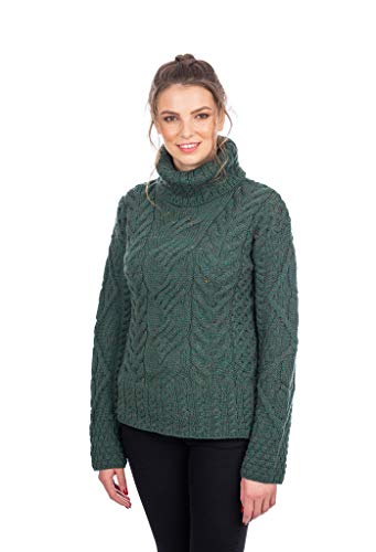 100% Merinowolle Aran Irischer Pullover für Damen in Natur/Segel Mergel Blau/Connemmara Grün (Connemmara Grün, X-Large) von SAOL