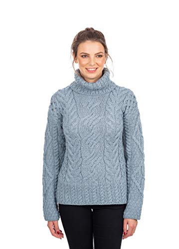 SAOL 100% Merinowolle Aran The Maire Irischer Pullover für Damen in Natur/Segel Mergel Blau/Connemmara Grün (Segel Mergel Blau, Large) von SAOL