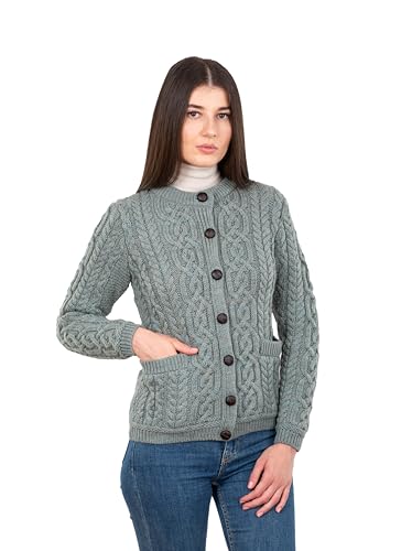 SAOL 100% Merinowolle Damen Irische Knöpfe Strickjacke Holzjacke mit Taschen, Dachfenster, Klein von SAOL