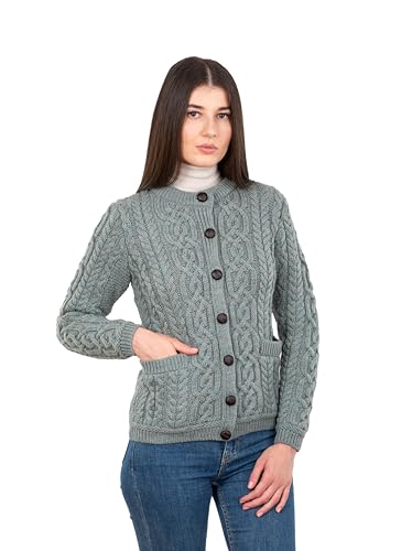 SAOL 100% Merinowolle Damen Irische Knöpfe Strickjacke Holzjacke mit Taschen, Dachfenster, Mittel von SAOL