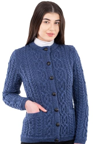 SAOL Damen Irische Knöpfe Strickjacke aus 100% Merinowolle Holzjacke mit Taschen, Marlblau, X-Groß von SAOL