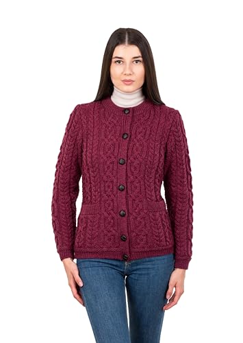 SAOL 100% Merinowolle Damen Irische Knöpfe Strickjacke Holzjacke mit Taschen, Samtrot, Groß von SAOL