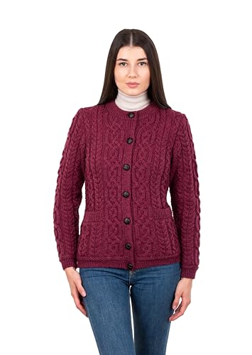 SAOL Damen Irische Knöpfe Strickjacke aus 100% Merinowolle Holzjacke mit Taschen, Samtrot, X-Groß von SAOL