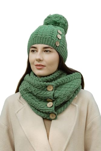 SAOL 100% Merinowolle Damen Pom Pom Hut Hergestellt in Irland, Grün, Einheitsgröße von SAOL