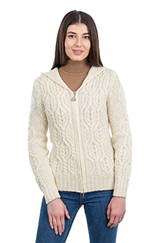 SAOL 100% Merinowolle Damen Strickjacke mit Doppeltem Kragen und Reißverschluss, Natural von SAOL