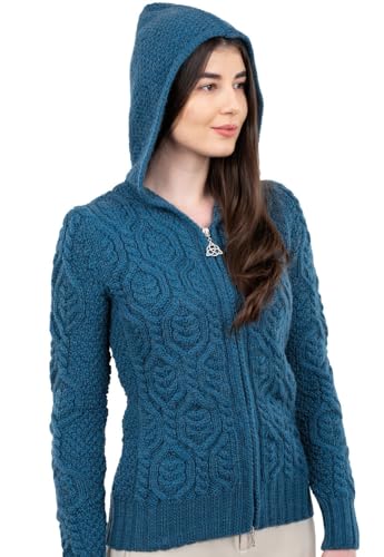 SAOL 100% Merinowolle Damen Strickjacke mit Doppeltem Kragen und Reißverschluss, in Blaugrün von SAOL