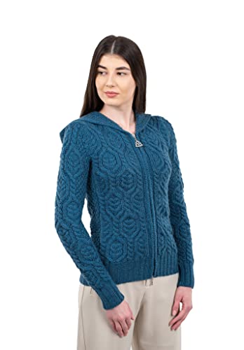 SAOL 100% Merinowolle Damen Strickjacke mit Doppeltem Kragen und Reißverschluss, in Blaugrün von SAOL