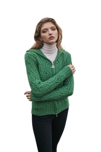 SAOL 100% Merinowolle Damen Strickjacke mit Doppeltem Kragen und Reißverschluss, in Natur/Grün, Grün, S von SAOL