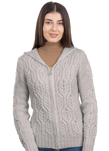 SAOL 100% Merinowolle Damen Strickjacke mit Doppeltem Kragen und Reißverschluss, in Natur/Grün (as3, Alpha, m, Regular, Regular, Grau) von SAOL