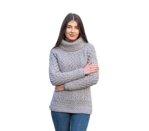 SAOL Damen Strickjacke Fisherman Trichterhals Irisch Aran Sweater aus 100% Merinowolle (Grau, Large) von SAOL