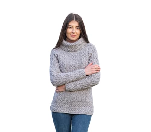 Fisherman Trichterhals Irisch Aran Sweater aus 100% Merinowolle für Damen (Grau, Small) von SAOL