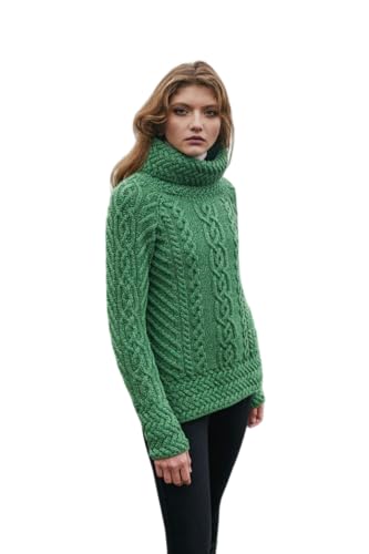 SAOL Fisherman Irisch Aran Sweater aus 100% Merinowolle für Damen (Grün, X-Small) von SAOL